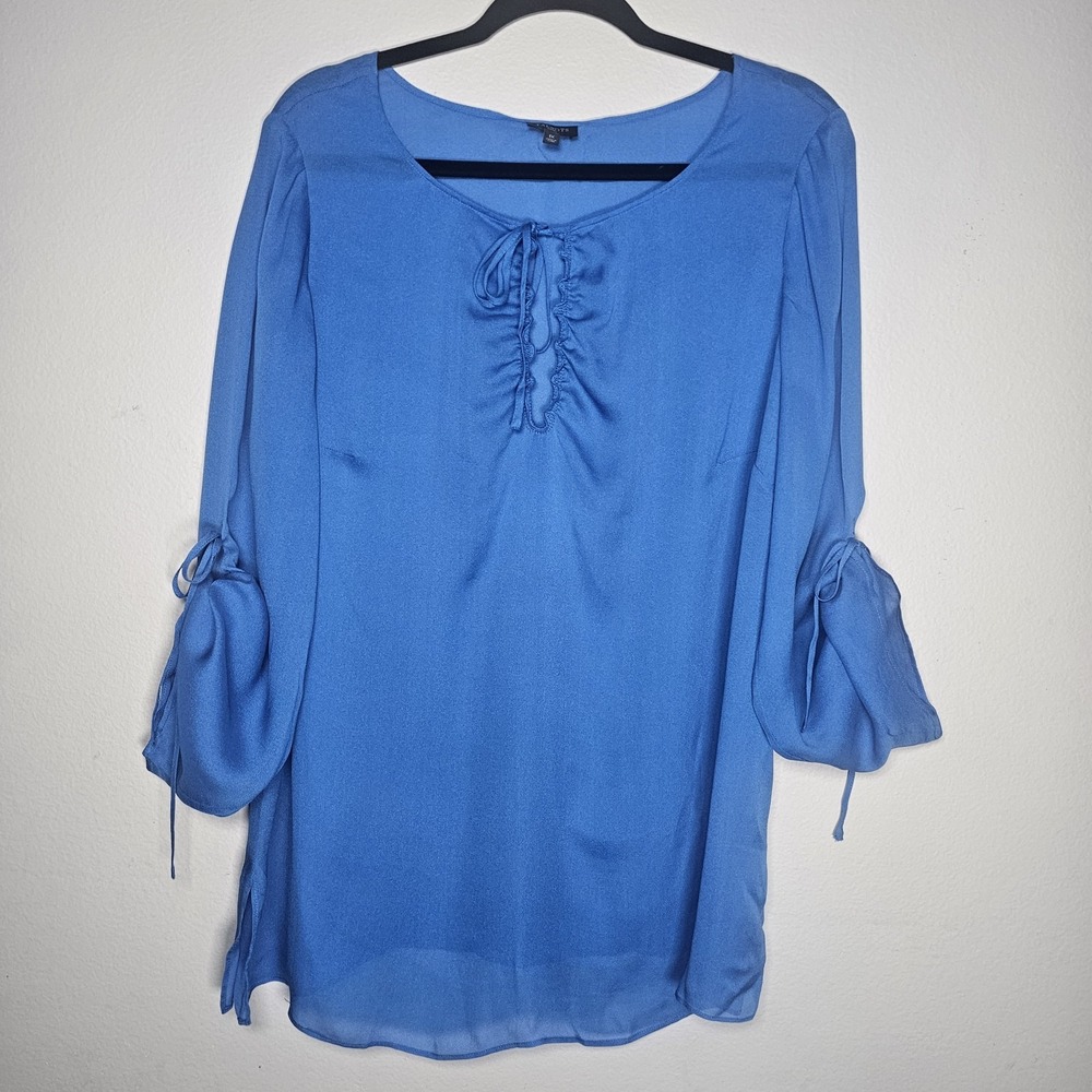 Talbots Womens 1X Blue Relaxed Tie Front Sheer Blouse Office Mature